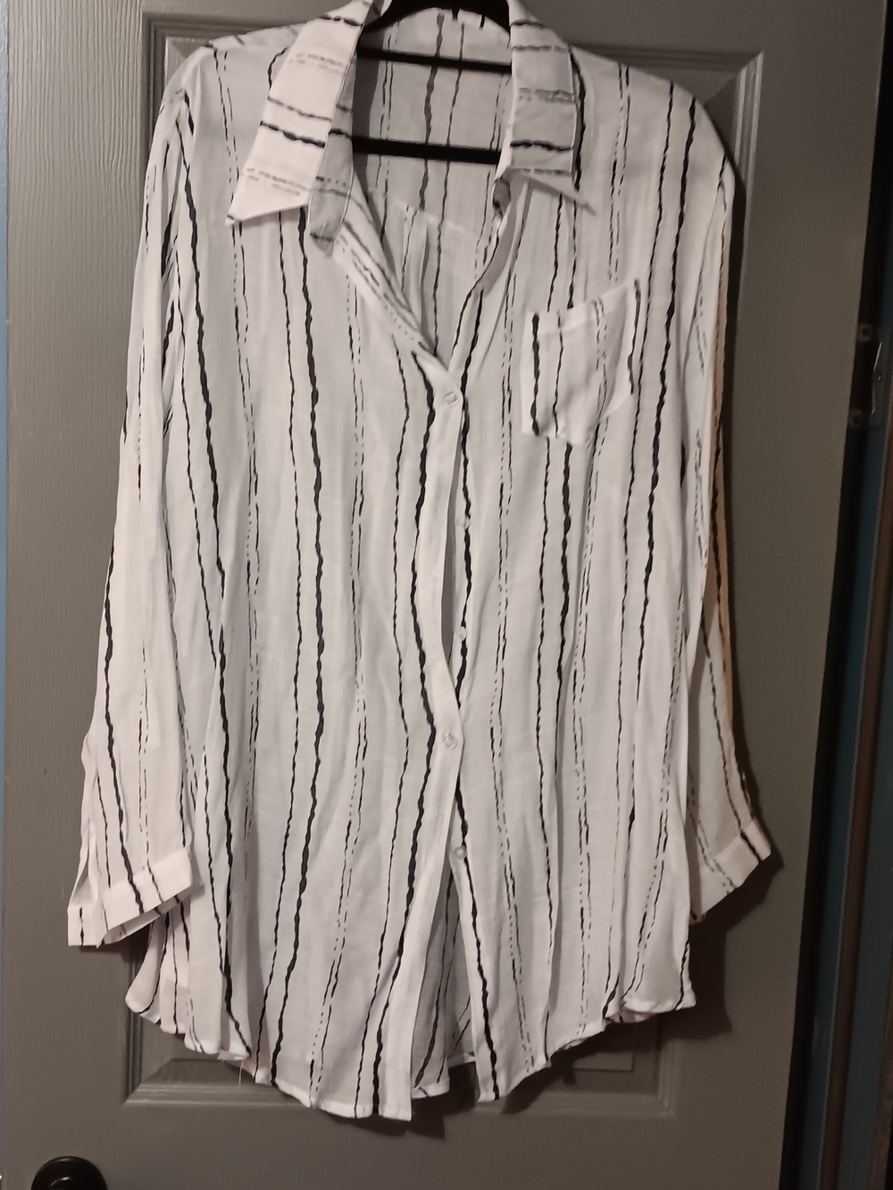 Women's White Button-Down Shirt with Navy Blue Vertical Stripes